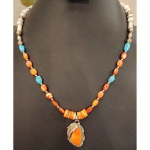 Southwest Orange Spiny Oyster Turquoise Sterling Silver Necklace Artist Signed